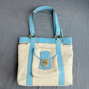 Coach Legacy Canvas blue leather trim tote bag F13103